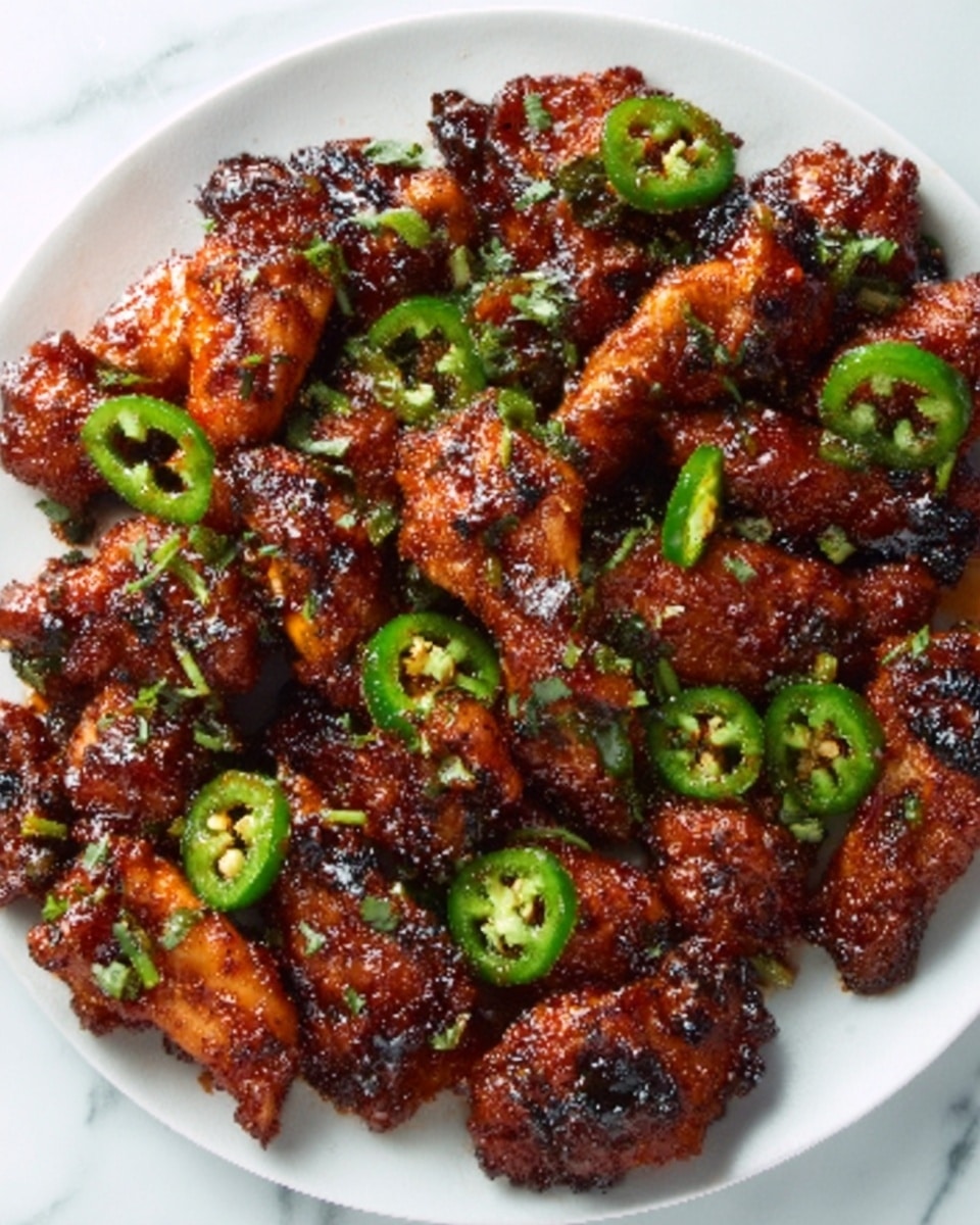 A white plate filled with multiple pieces of dark reddish-brown glazed chicken wings, each piece coated in a shiny sauce with a slightly sticky texture. On top of the wings are thin, bright green jalapeño slices scattered evenly, adding a fresh contrast. The chicken pieces have a crispy, slightly rough surface with hints of charring. The dish is garnished with small bits of green herbs spread lightly over the wings. The plate is set on a white marbled surface. Photo taken with an iphone --ar 4:5 --v 7