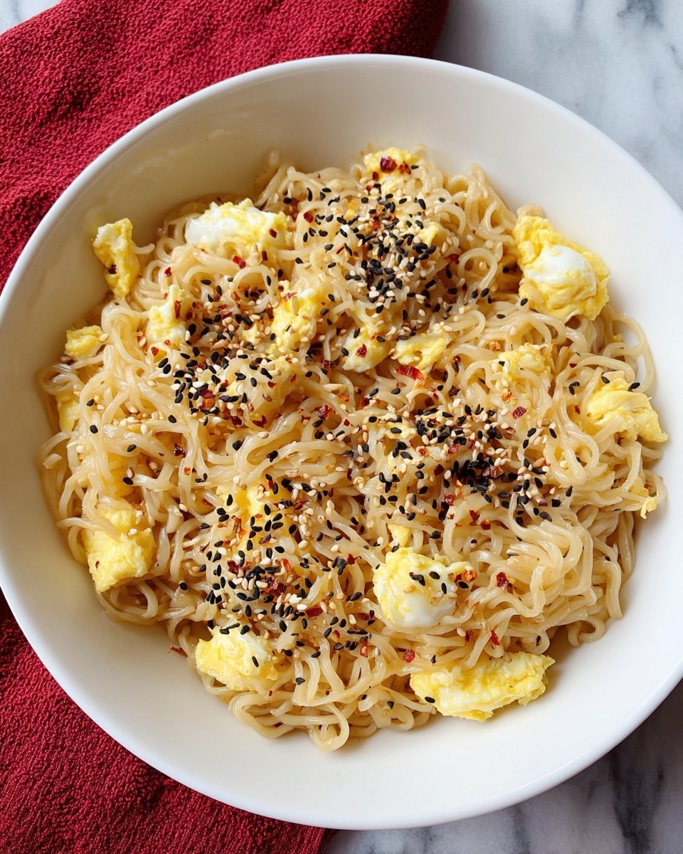 A white bowl filled with soft, light brown cooked noodles mixed with yellow scrambled egg pieces scattered throughout. The noodles and eggs are sprinkled with a mix of black and white sesame seeds and small red chili flakes, adding texture and color contrast. The bowl sits on a white marbled surface with a red cloth partially visible in the background. photo taken with an iphone --ar 4:5 --v 7