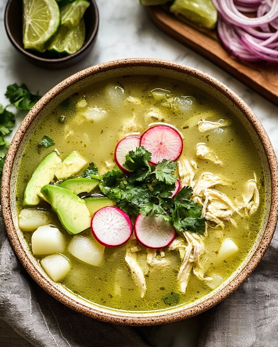 A bowl with a rich green soup base filled mostly with shredded light beige chicken pieces scattered around, topped with bright green slices of avocado on one side. There are also small white potato cubes on the left side of the soup with specks of chopped fresh green herbs mixed in. Thin slices of light pink radish with white centers rest in the middle above the chicken, and a small bunch of fresh green cilantro leaves sits near the top. The bowl is placed on a white marbled surface with a beige napkin visible beneath the bowl, and a small dark dish with lime wedges is seen in the background. Photo taken with an iphone --ar 4:5 --v 7