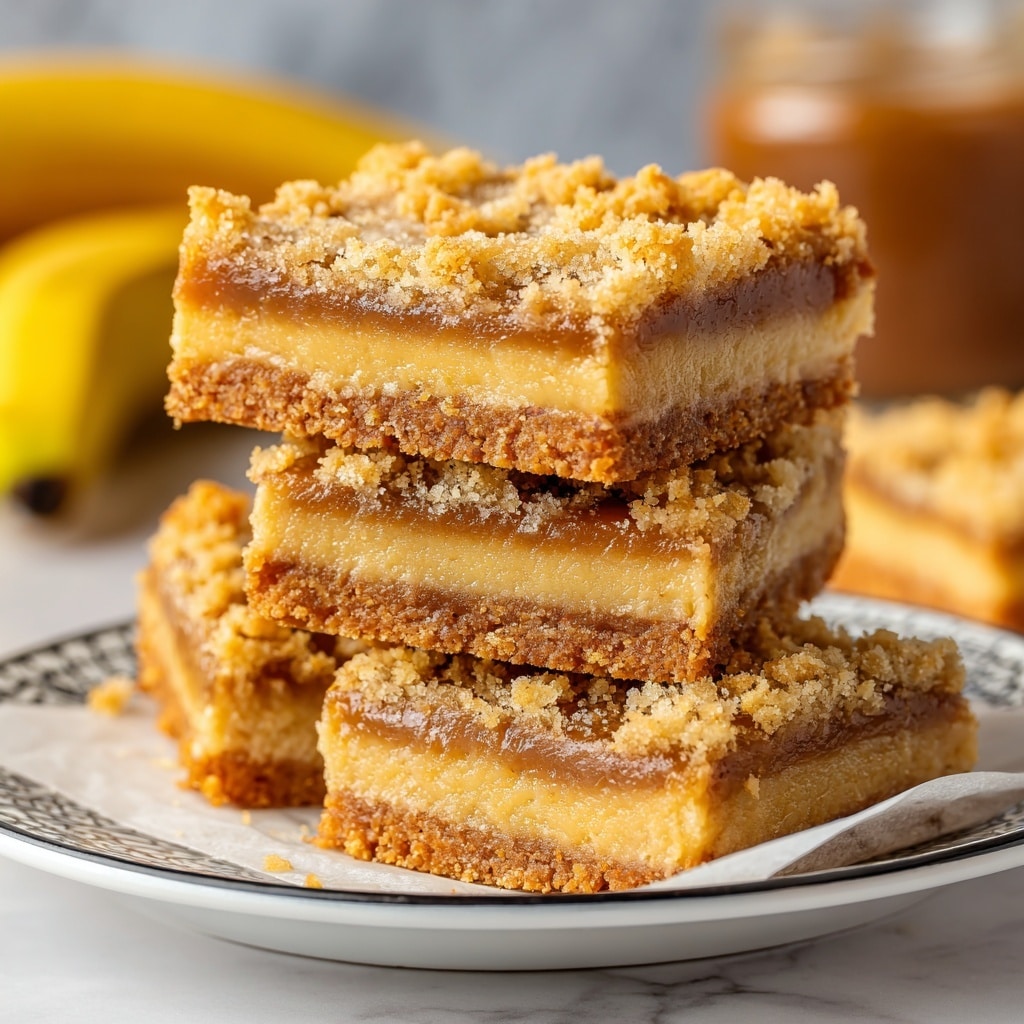 The image shows a stack of four square dessert bars with three visible layers on a white plate lined with parchment paper. The bottom layer is light brown with a firm, crumbly texture, the middle layer is a thicker, smooth, and creamy light beige color, and the top layer is a thinner, cracked, golden brown crust with a crumbly look. In the background, there is a blurred yellow banana and a glass jar on a white marbled surface. The photo taken with an iphone --ar 4:5 --v 7