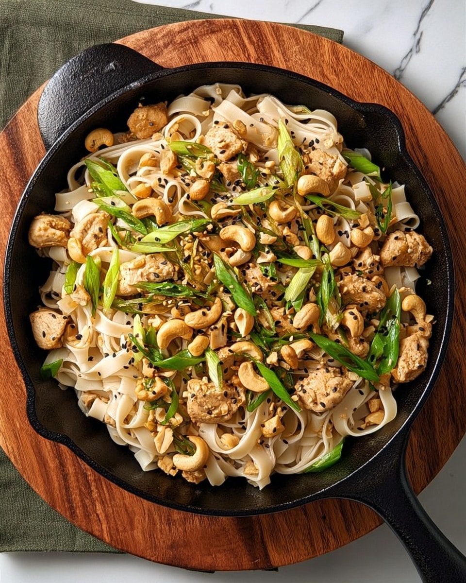 The image shows a black pan filled with a noodle dish placed on a wooden board over a white marbled surface. The dish has three main layers: the bottom layer consists of light beige flat noodles, slightly glossy and loosely arranged; the middle layer has golden-brown cooked chicken pieces scattered all over, mixed with bright green and white green onion stalks; the top layer is sprinkled with beige cashew nuts and small black sesame seeds, adding texture and contrast. The pan handle is visible on the top right, and the overall look is warm and fresh. Photo taken with an iphone --ar 4:5 --v 7