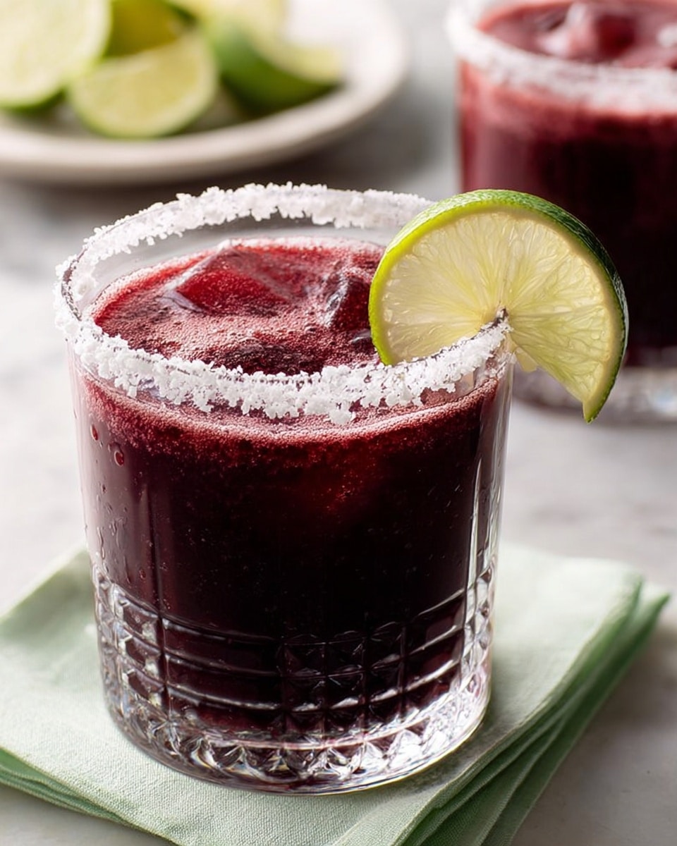 The image shows a clear textured glass filled with a dark red, almost purple drink with a rich, slightly frothy surface. A thick layer of coarse salt decorates the glass rim, adding a rough white contrast to the dark drink below. A fresh green lime wedge rests on the rim, its juicy, light green inside visible. The glass is placed on a folded pale green napkin, all set against a white marbled surface, with a blurred second drink and a white plate holding more lime wedges in the background. Photo taken with an iphone --ar 4:5 --v 7