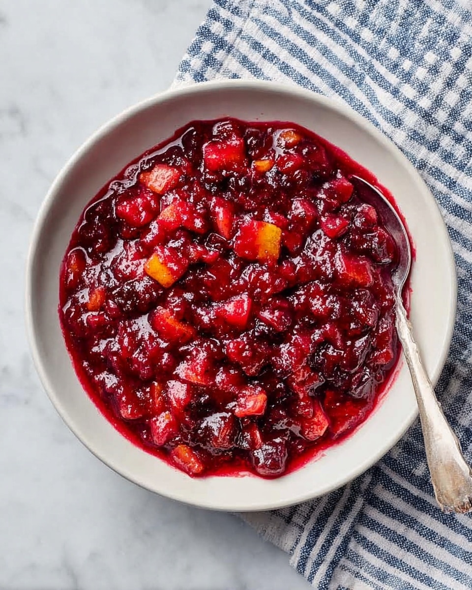 A white bowl filled with a chunky mixture of bright red and deep crimson colors, showing small, uneven pieces of fruit and nuts mixed together with a glossy texture. The mix looks dense with bits of yellow and dark brown scattered throughout, suggesting the presence of different dried fruits or nuts. A silver spoon rests inside the bowl, slightly buried in the mixture. The bowl is placed on a white marbled surface with a blue and white striped cloth partially visible on the right side. Photo taken with an iphone --ar 4:5 --v 7