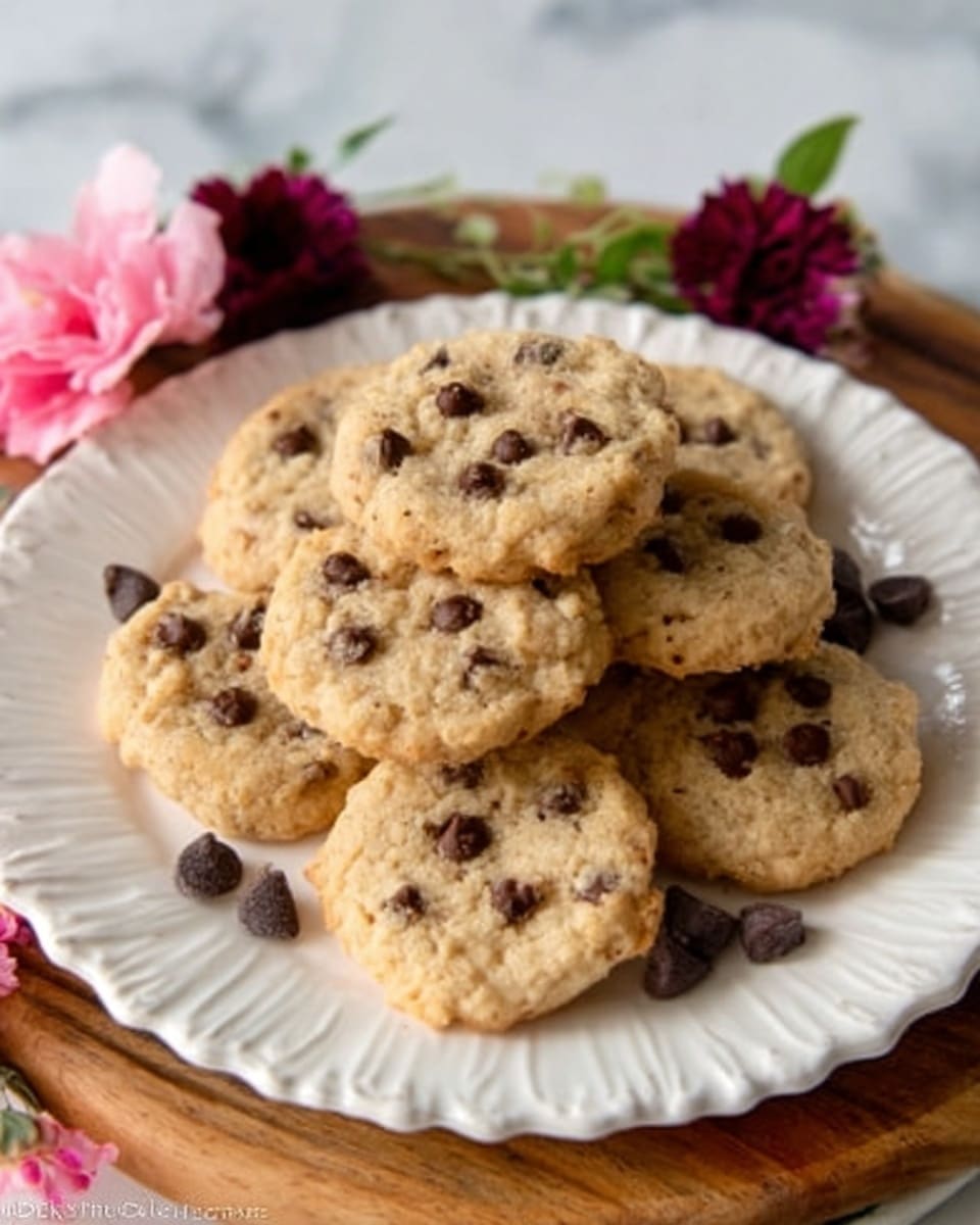 A white scalloped plate filled with a stack of round, light tan cookies. The cookies have visible dark brown chocolate chips scattered throughout each one, giving a spotted look. The plate sits on a wooden board, and there are pink and dark red flowers partially visible around the edges. The cookies' texture looks soft and chewy. photo taken with an iphone --ar 4:5 --v 7