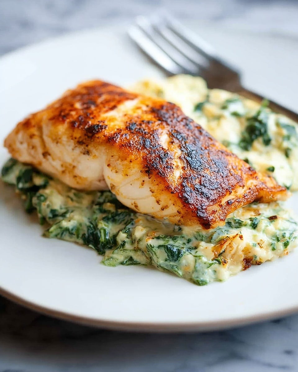 A close-up of a single stuffed chicken breast placed on a white plate with a silver fork beside it. The chicken breast has a golden-brown, slightly crispy outer layer with visible grill marks. Inside, there is a creamy filling made of a mixture of spinach and white cheese, visible as green and white layers peeking out from the cut side of the chicken. The plate is on a white marbled surface with a small part of a striped cloth showing at the bottom right corner. photo taken with an iphone --ar 4:5 --v 7