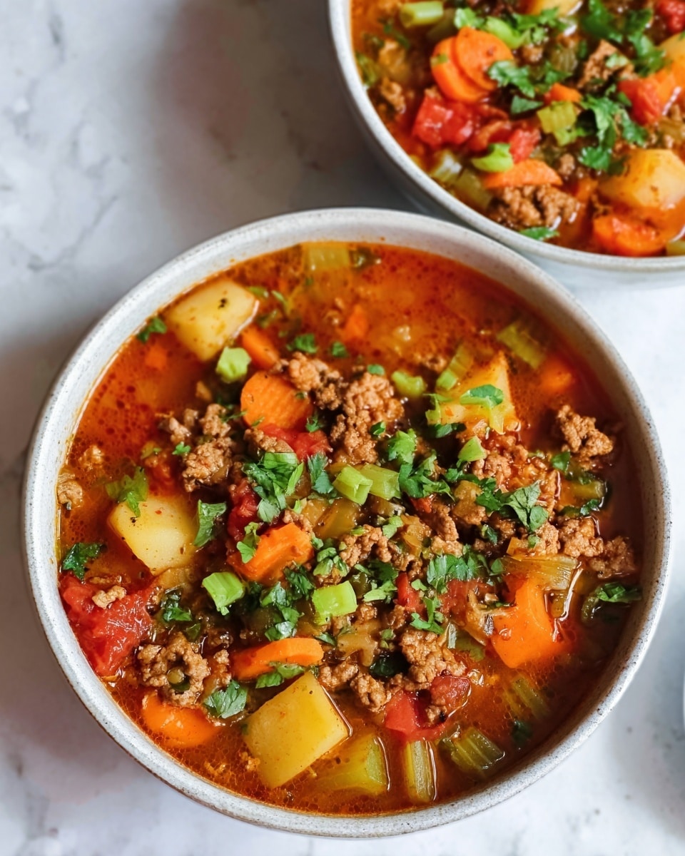 The image shows two white bowls filled with a colorful vegetable and ground meat stew. The stew has several layers visible: a reddish-brown broth base, with chunks of carrots, celery, and diced tomatoes giving bright orange, light green, and red spots amid pieces of browned ground meat throughout. Bright green chopped herbs, possibly cilantro or parsley, are sprinkled on top of the stew adding a fresh touch. The texture looks hearty with visible layers of soft vegetables and tender meat in the rich broth. The bowls sit on a white marbled surface, giving a clean and bright background to the warm, color-rich stew. Photo taken with an iphone --ar 4:5 --v 7