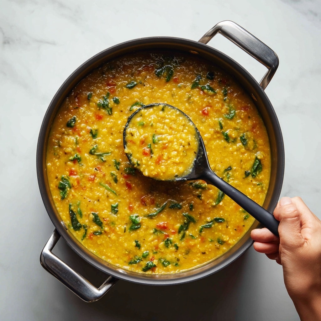 A close-up of a thick yellow soup with small bits of green herbs and tiny pieces of orange vegetables, all mixed evenly to create a creamy texture inside a silver pot with black handles, a black spoon lifting some soup in the center, and a woman's hand holding the spoon on a white marbled surface. The soup looks hearty with a slightly chunky consistency and specks of varied colors throughout. photo taken with an iphone --ar 4:5 --v 7