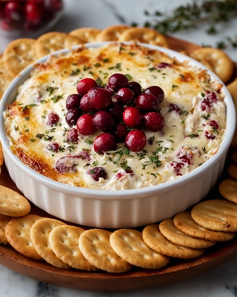 A white round baking dish holds a creamy, golden-brown baked dip with melted cheese that has browned edges and small green herb sprinkles on top. The dip has a thick, smooth white layer with visible whole red cranberries inside it. On top, there is a cluster of fresh, glossy red cranberries in the center. Surrounding the dish are light golden round crackers with small holes, arranged on a flat surface. The background is softly blurred with warm lights and hints of greenery. The entire scene is set on a white marbled texture. photo taken with an iphone --ar 4:5 --v 7