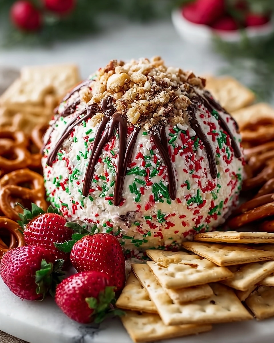 A round cheese ball covered in white cream cheese mixed with red, green, and white sprinkles forming the base layer. On top, a layer of crushed mixed nuts sits in a mound with smooth, shiny chocolate drizzled in strips from the top center down towards the middle of the cheese ball. Surrounding the cheese ball on a wooden board are golden square crackers, twisted light brown pretzels, and bright red strawberries with green leafy tops. The scene is set against a white marbled texture. Photo taken with an iphone --ar 4:5 --v 7