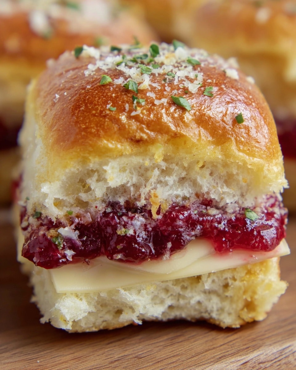 The image shows a close-up of a square sandwich slider with three visible layers inside a soft, golden brown bun. The top bun is sprinkled with white cheese crumbs and small green herb bits, with a slightly shiny texture. The first inside layer is a smooth and creamy slice of white cheese, followed by a thick middle layer of dark red cranberry sauce with a chunky texture. The bottom layer is a pinkish-white spread that looks moist and creamy, sitting on the soft bread base that matches the top bun. The sandwich is placed on a wooden surface. photo taken with an iphone --ar 4:5 --v 7