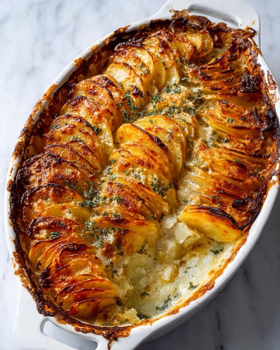 The image shows a white oval baking dish filled with a layered baked potato gratin. The dish has multiple thin slices of potato arranged in overlapping rows, with the colors shifting from golden brown on the top where the edges are crispy, to creamy pale yellow underneath where melted cheese and herbs are visible. The cheese layer looks gooey and slightly browned, interspersed with bits of green herbs sprinkled throughout. The top layer has a slightly shiny, toasted texture with some darker browned spots. A woman's hand is holding a serving spoon scooping out some of the creamy potato layers, showing soft, tender insides. The background is a white marbled surface. photo taken with an iphone --ar 4:5 --v 7