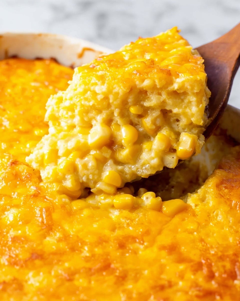 The image shows a close-up of a creamy casserole dish with two main layers: the bottom layer is a soft, light yellow corn mixture with whole corn kernels visible, and the top layer is a melted, bright orange cheese crust covering the entire dish. A wooden spoon is lifting a scoop from the casserole, displaying the contrast between the gooey cheese layer on top and the thick, chunky corn filling beneath. The casserole is in a white dish with a part of the dish visible, and the background is a white marbled texture. photo taken with an iphone --ar 4:5 --v 7