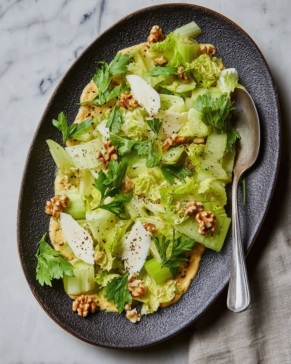 A textured dark oval plate holds a fresh celery salad arranged in layers: the base layer is a creamy mustard-colored dressing spread unevenly on the plate's bottom edges; fresh light green celery slices with a crunchy, watery texture form the next layer, scattered evenly across the plate. Shiny dark green celery leaves and parsley are mixed among the celery slices, adding deeper green color and soft leafy texture. Thin, irregular white cheese slices with smooth surfaces lie on top, with small brown walnut pieces sprinkled around for crunch. The dish has a light dusting of black pepper for speckled detail. A shiny silver spoon rests on the right side of the plate against a white marbled texture surface. photo taken with an iphone --ar 4:5 --v 7