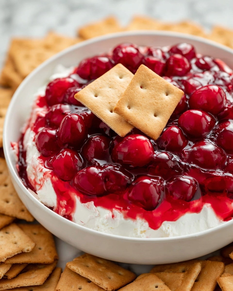 A white bowl is filled with two visible layers: the bottom layer is thick and creamy white, topped with a bright red cherry topping with whole cherries in a glossy red syrup, covering most of the creamy layer. Two square beige crackers rest on top of the cherry layer in the center. Surrounding the bowl are more beige crackers scattered closely on a white marbled surface. photo taken with an iphone --ar 4:5 --v 7