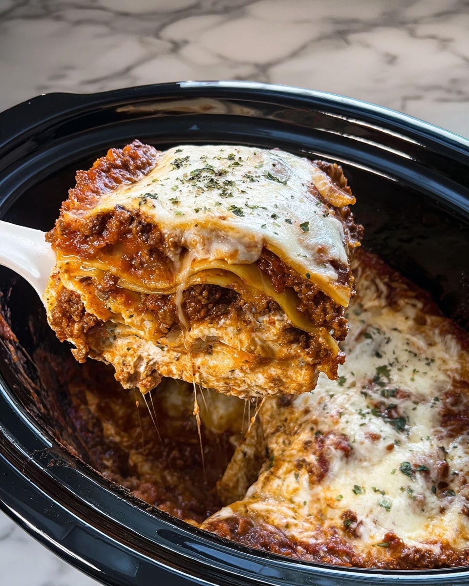A close-up view of a casserole dish filled with a cheesy baked lasagna, showing rich layers of melted white cheese on top, a bright red tomato sauce layer underneath with bits of herbs sprinkled over, and thick pasta layers mixed with a brownish meat sauce. The lasagna is being lifted by a white spoon, revealing gooey melted cheese stretching slightly. The casserole is placed on a white marbled surface. Photo taken with an iphone --ar 4:5 --v 7