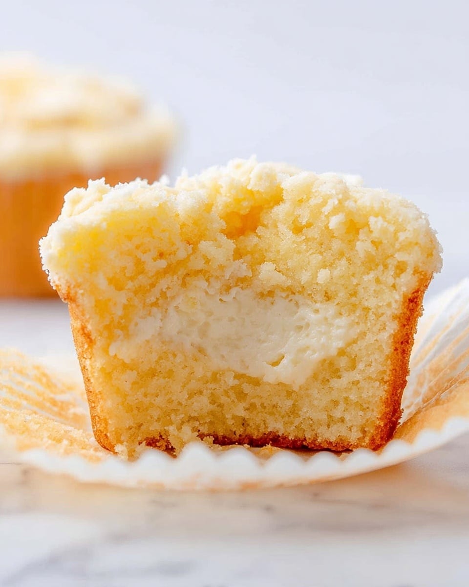 A close-up view of a single cupcake cut in half, showing two layers: the outer layer is a soft, light yellow cake with a crumbly texture, and the inner layer is a creamy white filling right in the center. The cupcake is resting on a white cupcake liner that gently folds around the base, all placed on a white marbled surface. The background is softly blurred, focusing attention on the detailed texture of the cupcake. Photo taken with an iphone --ar 4:5 --v 7