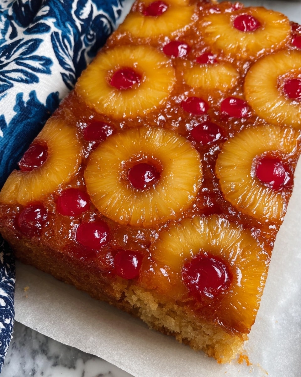 A rectangular glass dish filled with pineapple upside-down cake, showing a top layer of six large golden-yellow pineapple rings, each centered with a bright red maraschino cherry. The pineapple slices are set in a shiny, sticky glaze that covers the entire top surface. The cake underneath is golden brown and visible around the edges inside the clear glass dish. The dish sits on a white marbled texture surface with a blue and white patterned cloth partially visible in the top left corner. photo taken with an iphone --ar 4:5 --v 7