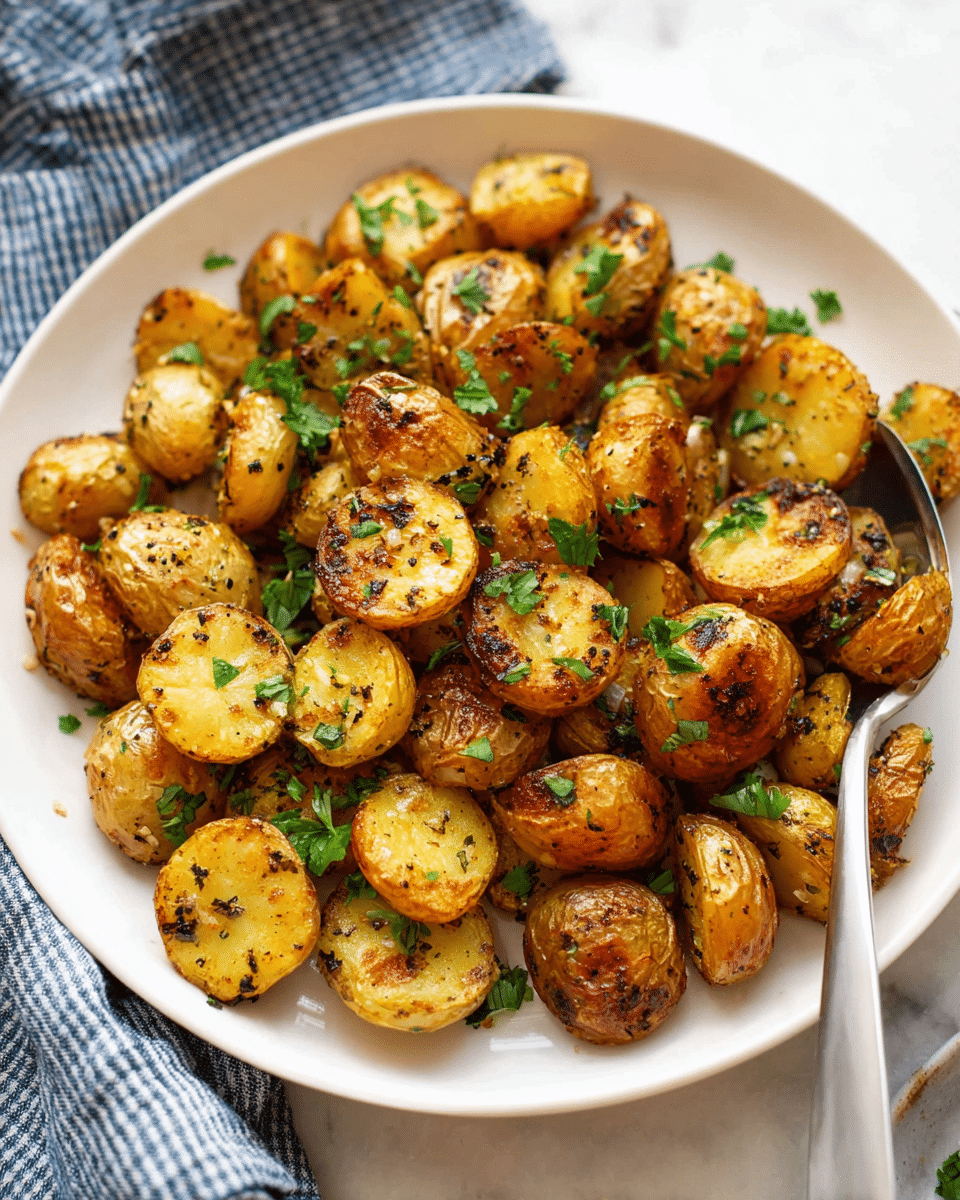A white round plate filled with two layers of small, roasted baby potatoes cut in halves, their surfaces golden brown and slightly crispy with seasoning and small black specks. Green chopped herbs, likely parsley or cilantro, are scattered evenly on top, adding fresh color. A silver spoon is partly visible on the right side of the plate, resting on the potatoes. The plate sits on a white marbled surface with a soft focus on the background and parts of a checkered blue and white cloth nearby. photo taken with an iphone --ar 4:5 --v 7