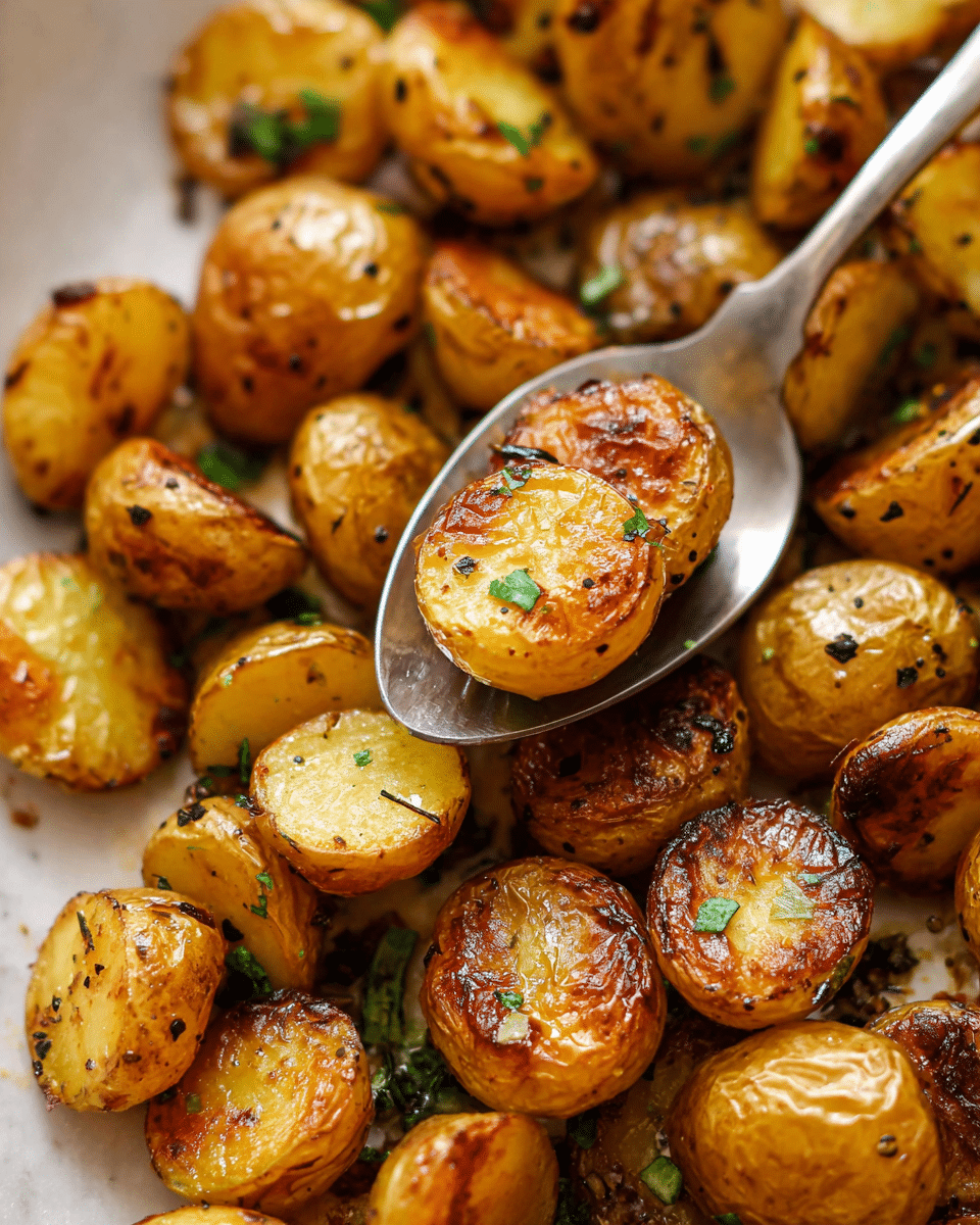 A close-up view of many golden roasted baby potatoes, each cut in half showing a shiny, slightly crispy browned surface with some darker char spots and sprinkled with small green herbs and black pepper seeds, all resting on a white marbled surface. A silver spoon is scooping up several of these small potatoes, emphasizing their glossy texture and warm colors. photo taken with an iphone --ar 4:5 --v 7