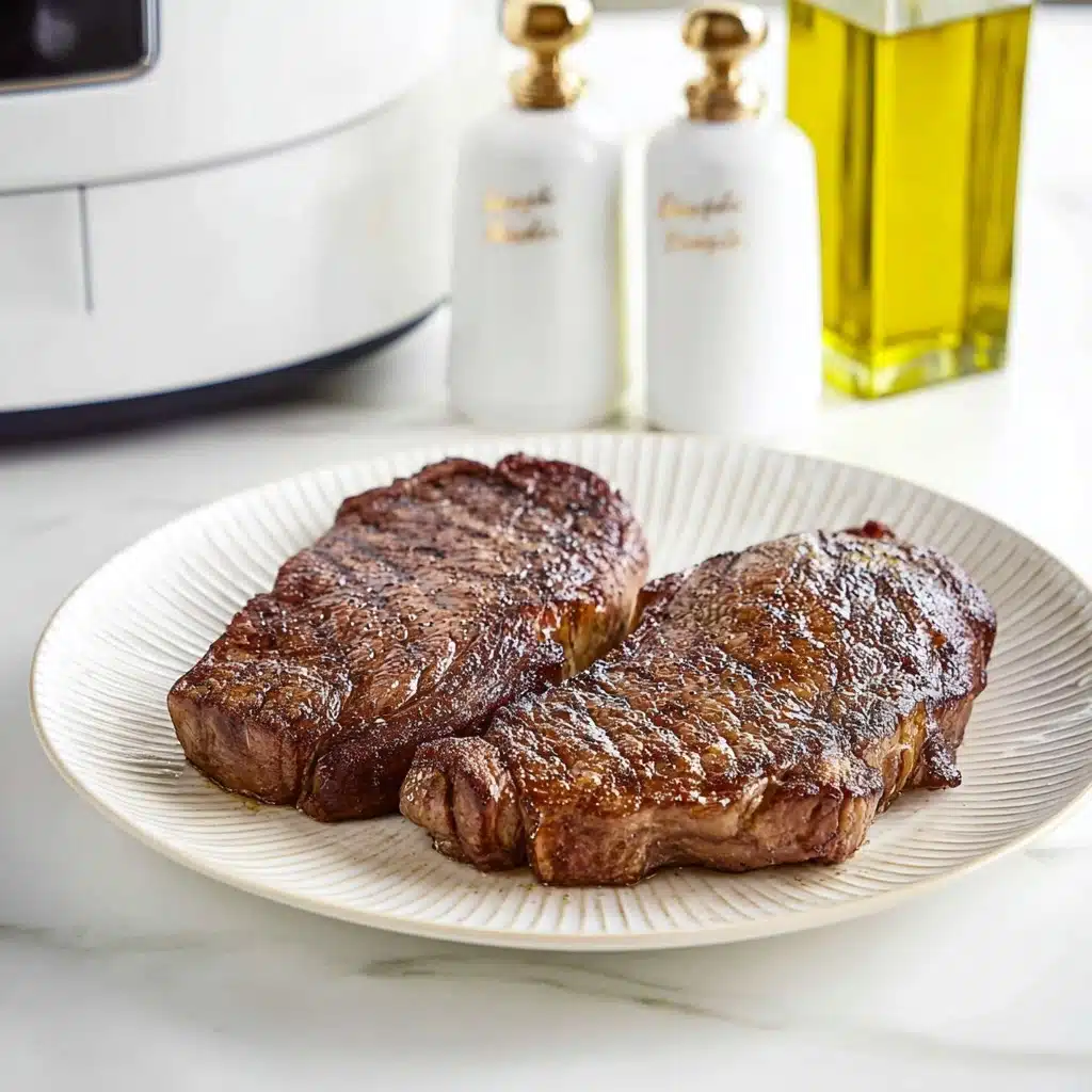 A large, grilled steak with a rich, dark brown surface is placed on the right side of a white plate, sprinkled with small green herb leaves. On the left side of the plate, there is a fresh green romaine lettuce salad with light green leaves, topped with several golden-brown croutons and thin strips of pale yellow cheese. The plate sits on a white marbled texture. photo taken with an iphone --ar 4:5 --v 7