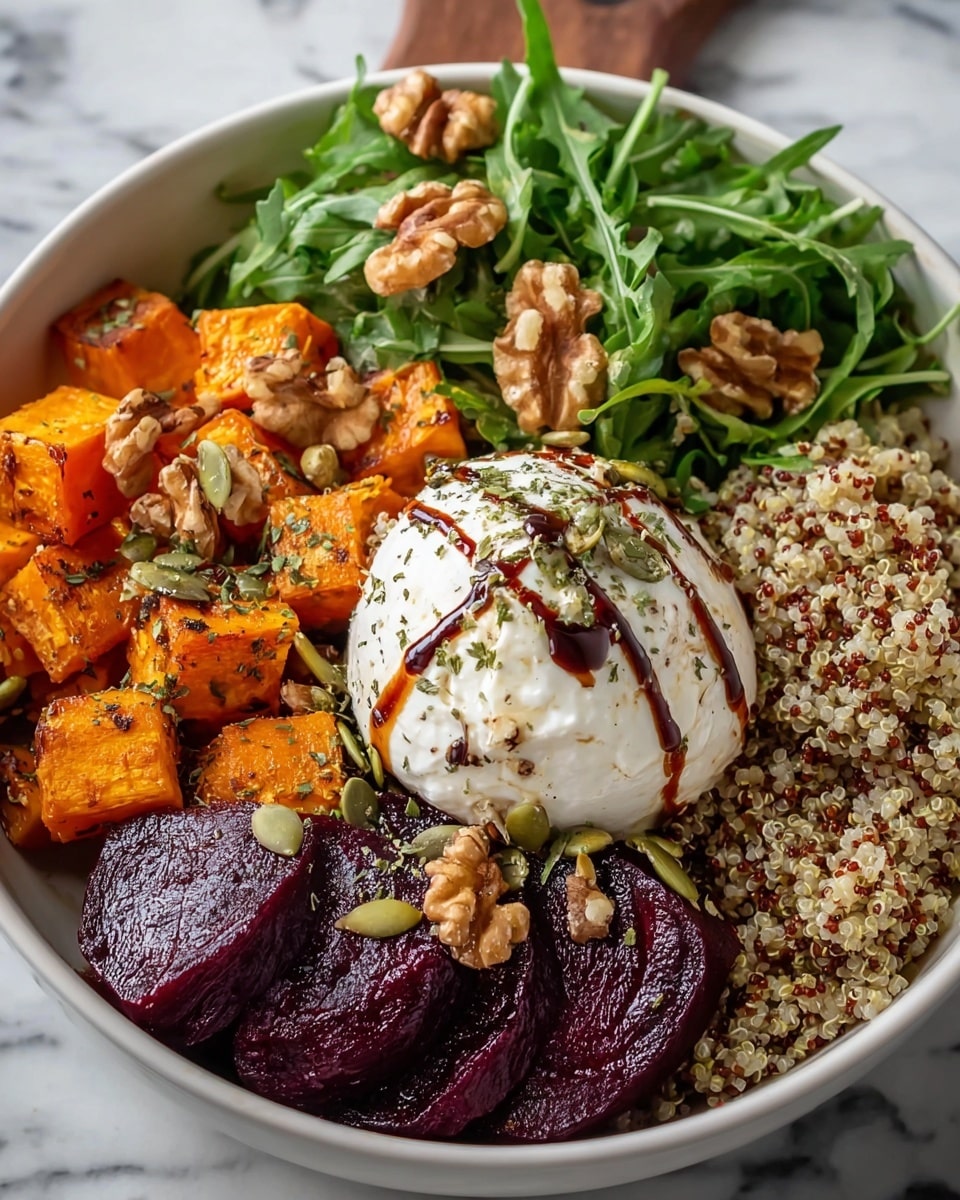 A white bowl filled with four main layers arranged side by side: bright orange roasted sweet potato cubes on the left, dark green fresh arugula leaves next to it, beige and red-speckled cooked quinoa on the right, and deep purple roasted beet slices at the bottom right. In the center lies a white round scoop of creamy burrata cheese topped with a drizzle of dark balsamic glaze. Scattered on top are green pumpkin seeds and light brown walnut pieces, adding texture and color contrast. The background shows a white marbled texture. Photo taken with an iphone --ar 4:5 --v 7