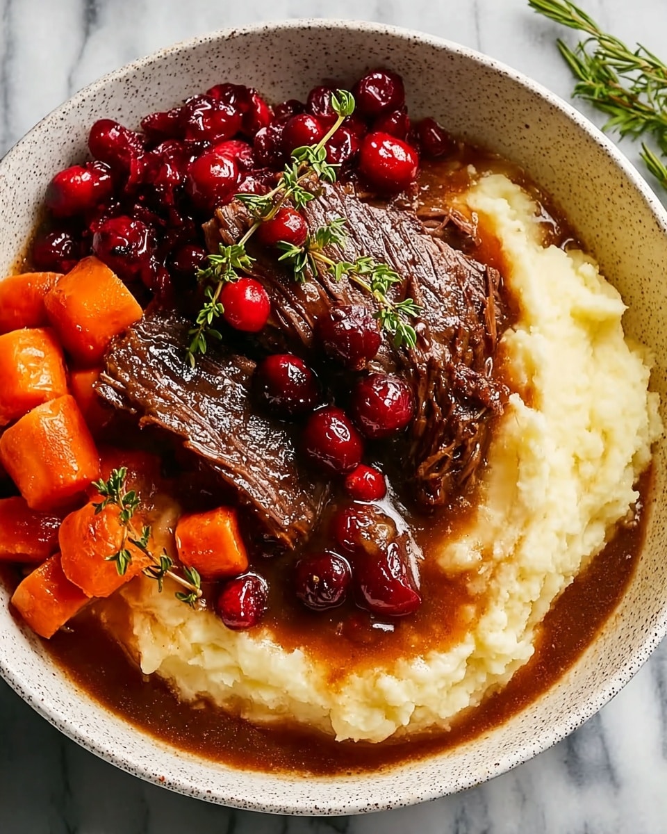 A deep white bowl filled with three layers: at the bottom, smooth mashed potatoes with a creamy, pale yellow color spread on one side; next, thick dark brown beef slices covered in a shiny, rich gravy sit in the center; on the left side, bright orange cooked carrots arranged neatly. The top layer shows glossy red cranberries scattered over the meat and gravy, garnished with fresh green thyme sprigs. The bowl rests on a white marbled surface. photo taken with an iphone --ar 4:5 --v 7