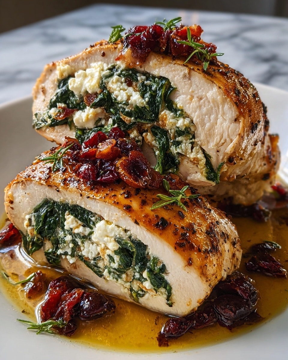 A sliced stuffed chicken breast is shown on a smooth white plate, cut in half to reveal two layers inside: a creamy white cheese layer mixed with bright green cooked spinach leaves. The chicken is browned and shiny on the outside, with a juicy texture, topped with small deep red dried cranberries and green herb bits. Around the chicken on the plate is a golden oily sauce that reflects light, all set on a white marbled surface. photo taken with an iphone --ar 4:5 --v 7