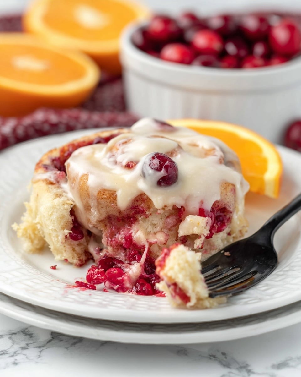 A close-up of a white baking dish filled with six cinnamon rolls that have a reddish fruit filling visible through the swirled layers of pale golden dough. A white sauce is being poured slowly over the cinnamon rolls from a green ceramic pitcher, covering the top of one roll in smooth, creamy liquid. In the background is a glass bottle with orange juice and halved oranges next to some red berries, all resting on a white marbled surface with a black and white cloth underneath the baking dish. Photo taken with an iphone --ar 4:5 --v 7