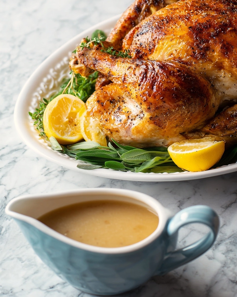 The image shows a close-up of a roasted whole chicken with golden brown skin, seasoned with herbs and spices. The chicken rests on a white oval plate decorated with small raised dots around the edge. Underneath the chicken, there are two yellow lemon halves and fresh green herbs like sage and thyme, adding contrast and freshness. In the foreground, there is a white ceramic gravy boat with a smooth beige gravy inside, placed on a white marbled surface. The gravy boat has a handle and spout, and its interior is cream-colored. Photo taken with an iphone --ar 4:5 --v 7