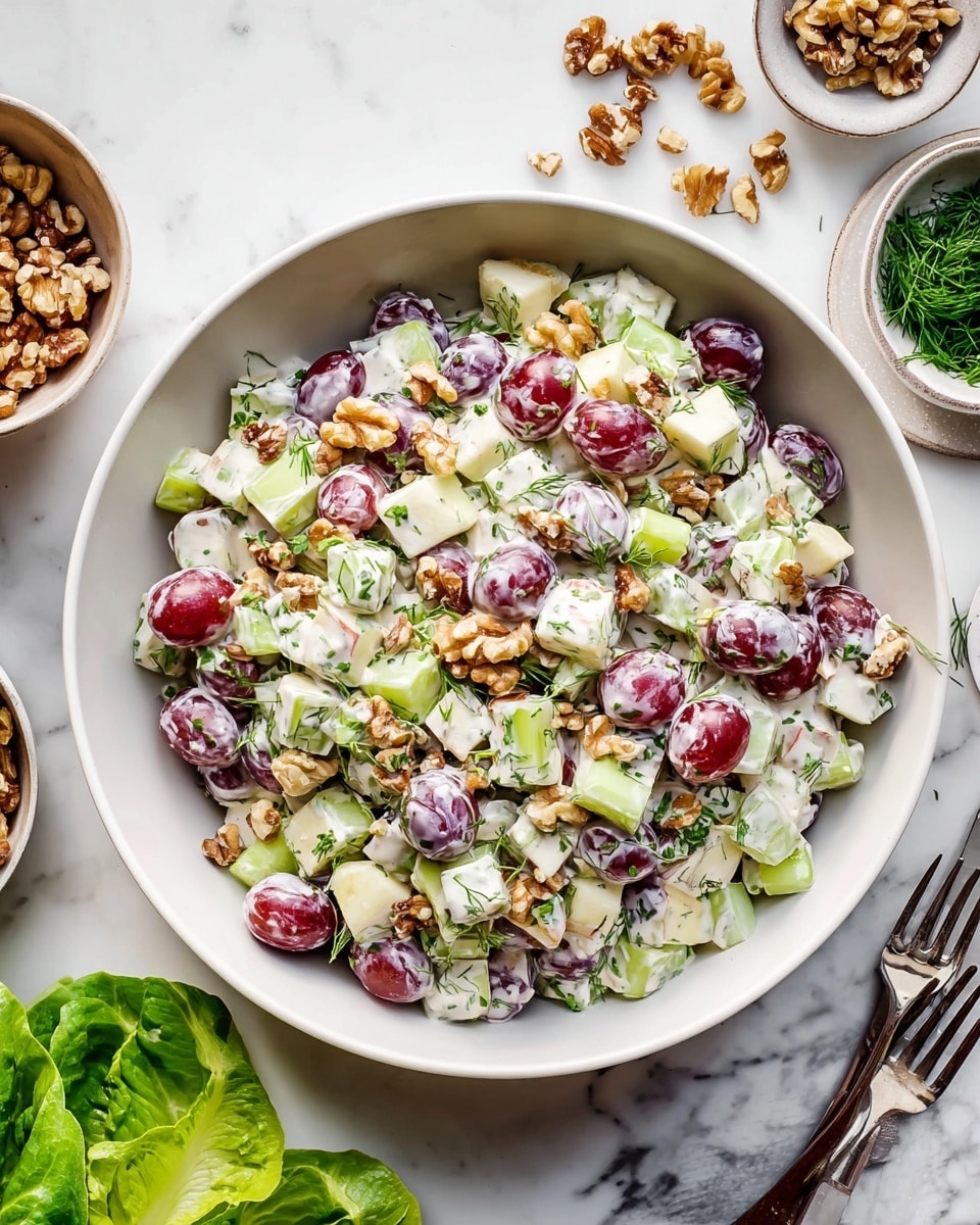 A white bowl is filled with a mixed salad showing four main layers: light green celery pieces chopped into small sections, dark red grape halves, light yellow apple cubes, and brown walnut pieces. These layers are all coated in white creamy dressing that adds a glossy texture. Fresh green parsley bits are sprinkled evenly over the salad, adding pops of color. The bowl is set on a white marbled surface, surrounded by extra parsley in a small white bowl to the right, some loose walnuts on the left, and large fresh green lettuce leaves on the bottom left, with a silver butter knife resting on a striped cloth napkin beside the bowl. Photo taken with an iphone --ar 4:5 --v 7