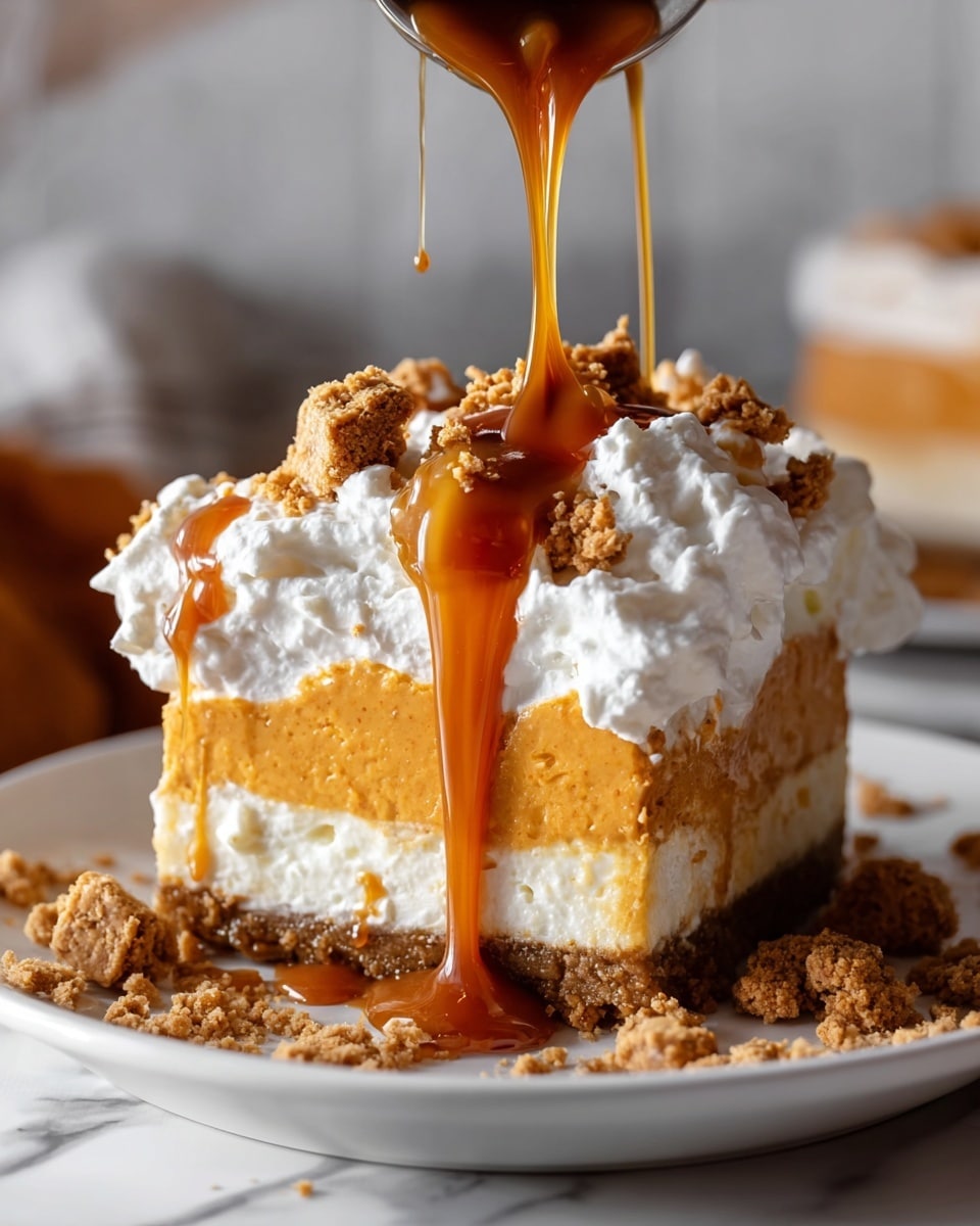A slice of dessert on a white plate with three visible layers: the bottom layer is a crumbly, golden-brown crust, the middle layer is a thick, smooth, light orange filling, and the top layer is a fluffy, white whipped cream topped with crumbled pieces of brown cookie or candy. Thick, golden caramel sauce is being poured over the slice, dripping down the sides and pooling slightly on the plate. The plate is set on a white marbled surface, with blurred background elements adding depth. Photo taken with an iphone --ar 4:5 --v 7