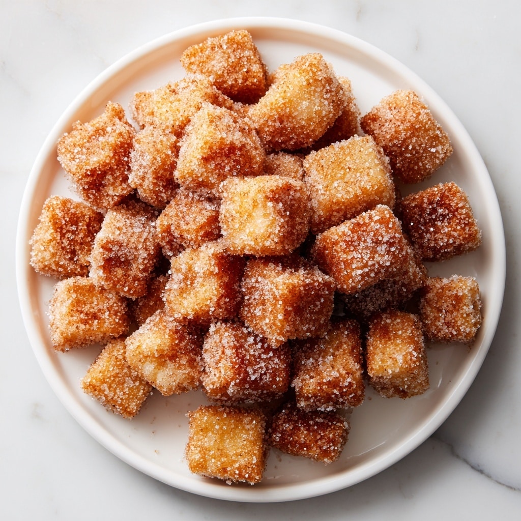 A white plate is filled with a pile of small, square-shaped fried pieces covered in a layer of sugar and cinnamon, showing a golden-brown crispy outer texture with granulated sugar sparkling on the surface; each piece has a slightly rough texture from the sugar coating and is stacked unevenly with some cubes on top of others, all sitting on a white marbled textured surface. photo taken with an iphone --ar 4:5 --v 7