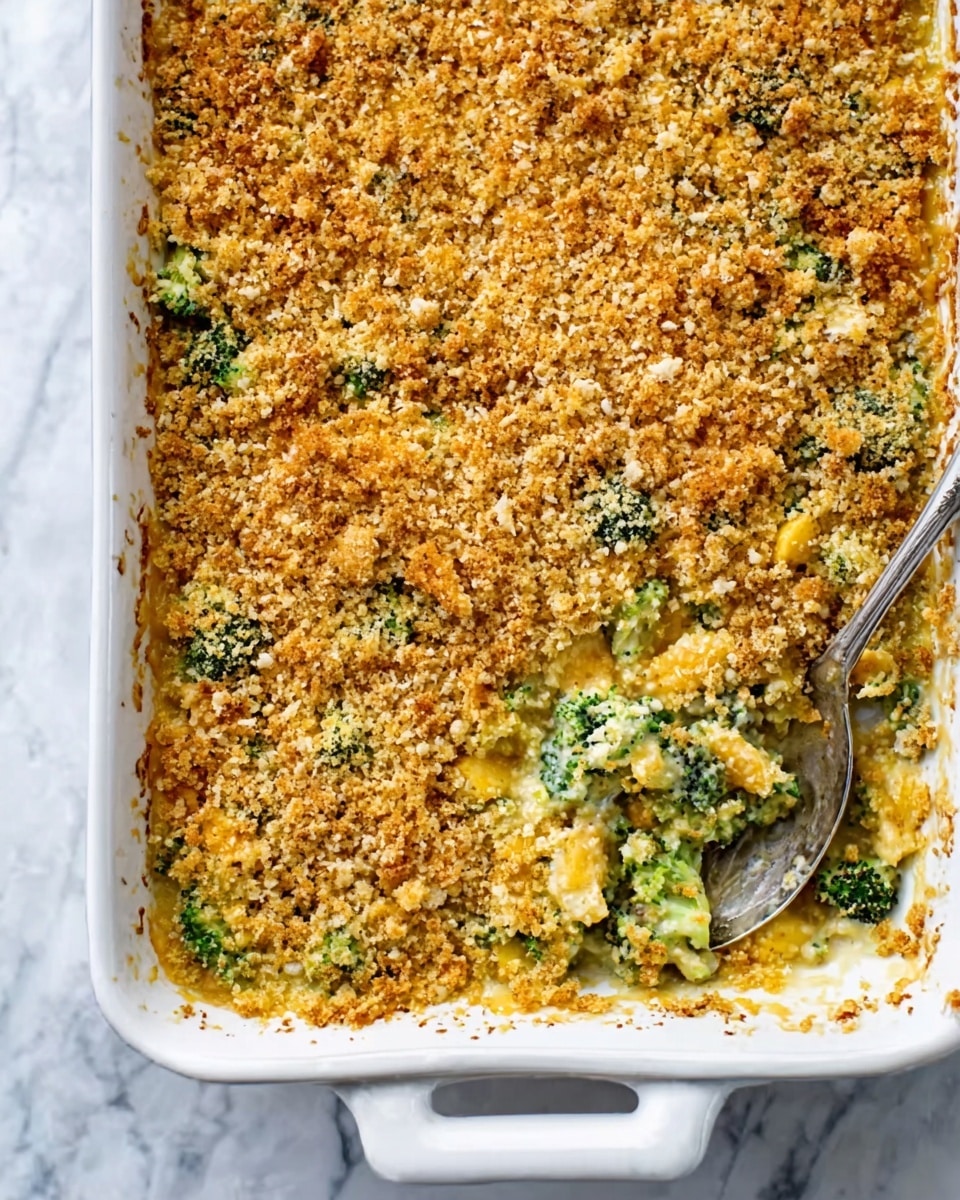 A white rectangular baking dish filled with a golden-brown baked casserole featuring a thick crunchy topping with breadcrumbs and some green herbs scattered in it. Underneath the topping, there is a creamy mixture with visible green veggie pieces. A wooden spoon with a worn surface is resting inside the dish, slightly lifting a portion of the casserole, showing a soft, cheesy inside. A woman's hand is holding the edge of the dish. The background shows a white marbled surface with a hint of a red and white checkered cloth at the corner. Photo taken with an iphone --ar 4:5 --v 7