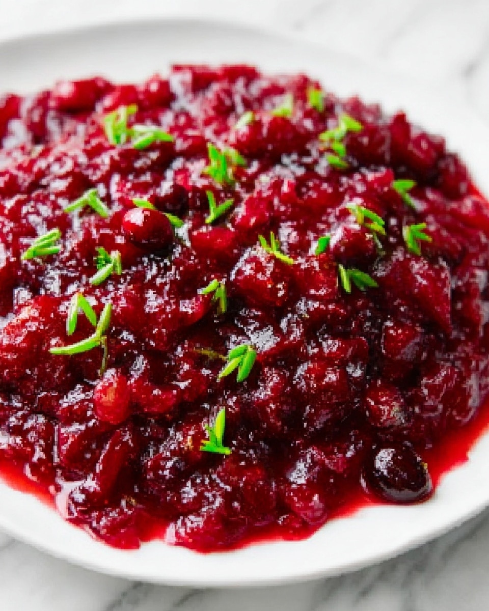 The image shows a close-up of a white plate filled with a thick layer of bright red cranberry sauce. The sauce has a chunky texture with visible whole and broken cranberries, giving it a rich, glossy appearance. Scattered on top are small pieces of fresh green herbs, adding a fresh contrast to the red sauce. The plate sits on a white marbled surface. photo taken with an iphone --ar 4:5 --v 7