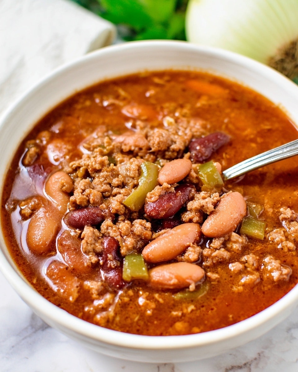 A white bowl filled with thick chili consisting of three main layers: a deep reddish-brown sauce forming the base, large light brown kidney beans scattered evenly throughout, and crumbled cooked ground meat in small chunks layered on top, mixed with small pieces of green bell pepper. A metal spoon is resting inside the bowl on the right side. The bowl sits on a white marbled surface with hints of a white onion and some green blurred objects in the background. photo taken with an iphone --ar 4:5 --v 7