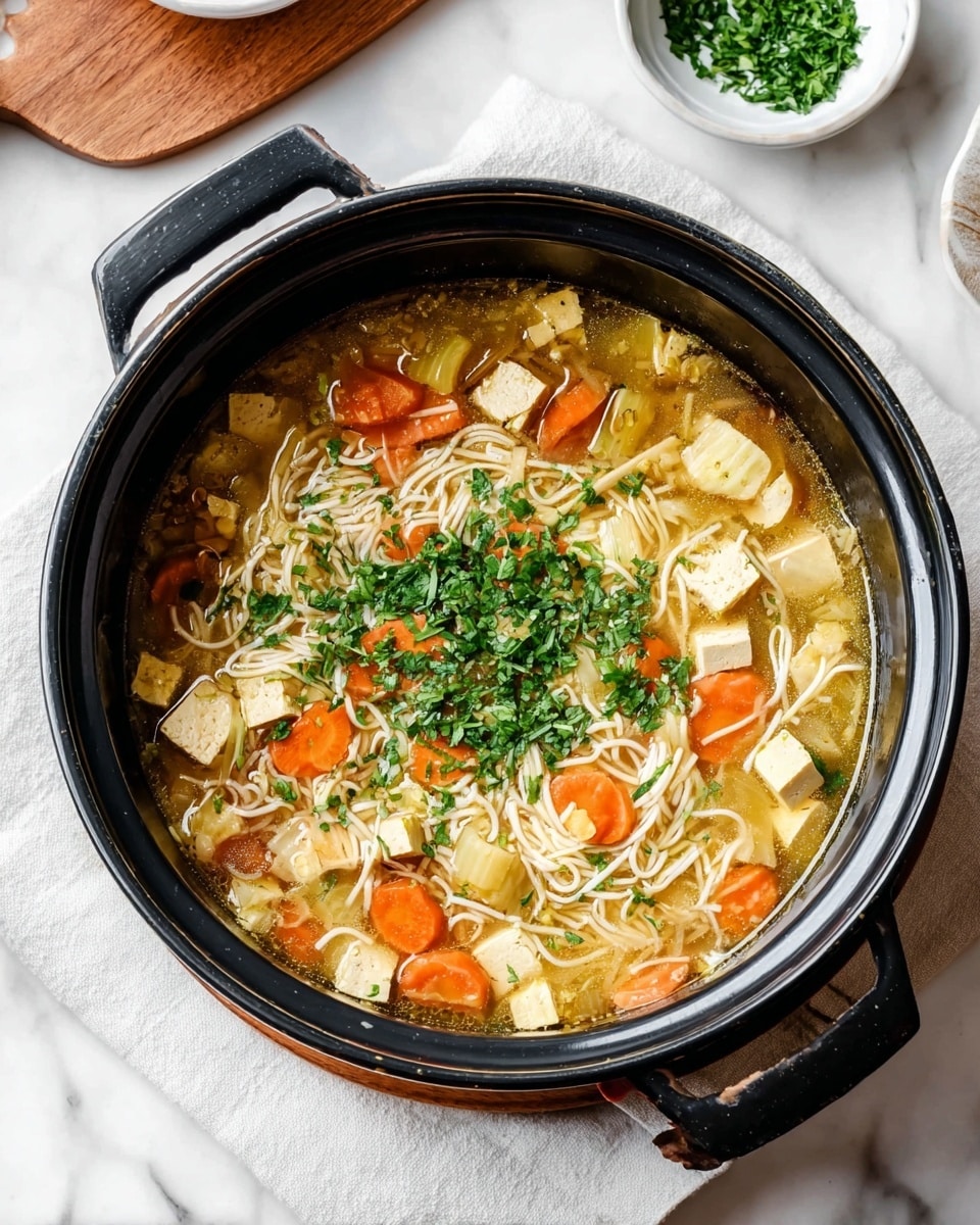 A bowl filled with a clear broth soup containing several layers: thick cubed tofu pieces that are pale yellow, round orange carrot slices, light green celery slices, translucent diced onions, and a small amount of thin white noodles resting mostly at the bottom. Fresh green cilantro leaves are scattered on top for garnish. The bowl is white with a brown speckled rim, and a silver spoon is placed inside the bowl near the edge. The bowl is set on a white marbled textured surface, with a white cloth napkin partially visible next to it. Photo taken with an iphone --ar 4:5 --v 7