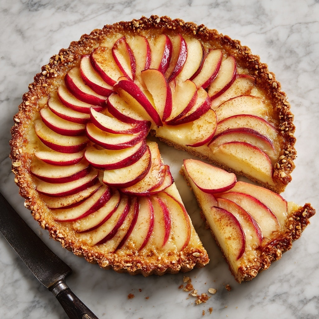 A round apple tart with a golden brown crust sprinkled with oats on the edges sits on a white marbled texture. The tart has thin, curved slices of apples arranged in overlapping concentric circles, with the apple's red skin visible on the edges of each slice. One slice of the tart is cut and slightly pulled out, showing the layers of the crisp crust and juicy apple topping. A dark-handled knife lies near the tart on the white marbled surface. photo taken with an iphone --ar 4:5 --v 7