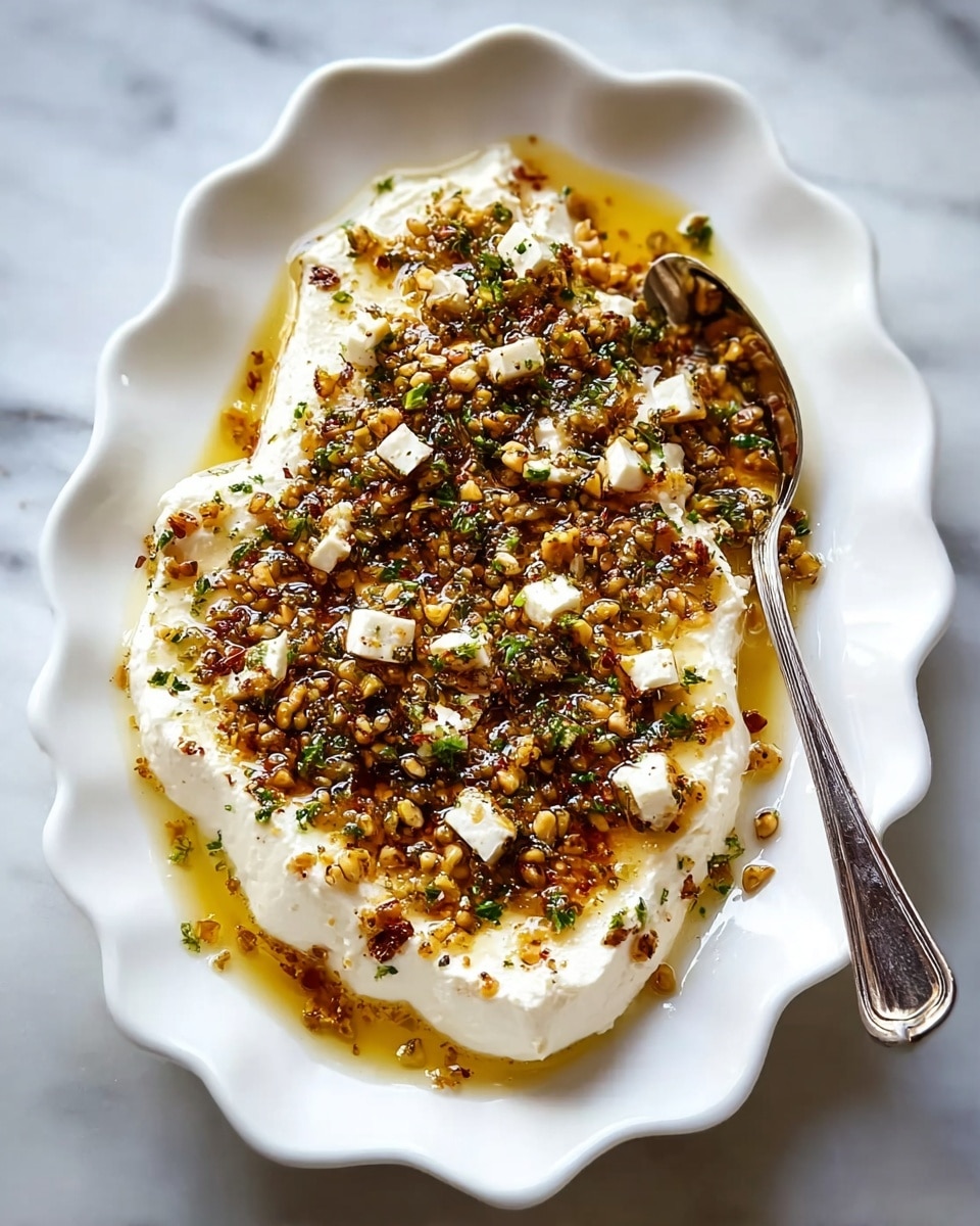 A white scalloped-edged plate holds a spread of creamy white cheese as the base layer, which has a smooth and soft texture with uneven edges. On top, there is a thick topping of golden brown oil mixed with small crunchy seeds, green herbs, and tiny cubes of white cheese scattered throughout. The oil glistens, creating a shiny and slightly wet look, pooling slightly around the cheese on the plate. A metal spoon is partially dipped into the spread on the right side. The plate sits on a white marbled surface. photo taken with an iphone --ar 4:5 --v 7