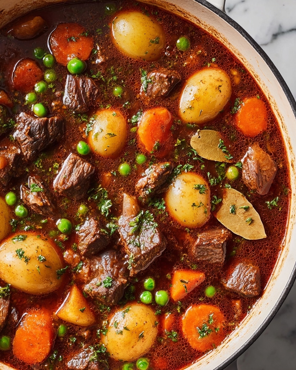 A close-up view of a stew inside a white pot resting on a white marbled surface, showing three main layers: tender, dark brown beef chunks scattered unevenly; medium brown and orange carrot slices cut into thick rounds; and light yellow baby potato halves floating alongside bright green peas. All ingredients swim in a thick, rich, dark reddish-brown broth with tiny bubbles near the edges. Fresh green parsley bits are sprinkled on top, adding color contrast, and a single brown bay leaf is visible near the center. Photo taken with an iphone --ar 4:5 --v 7