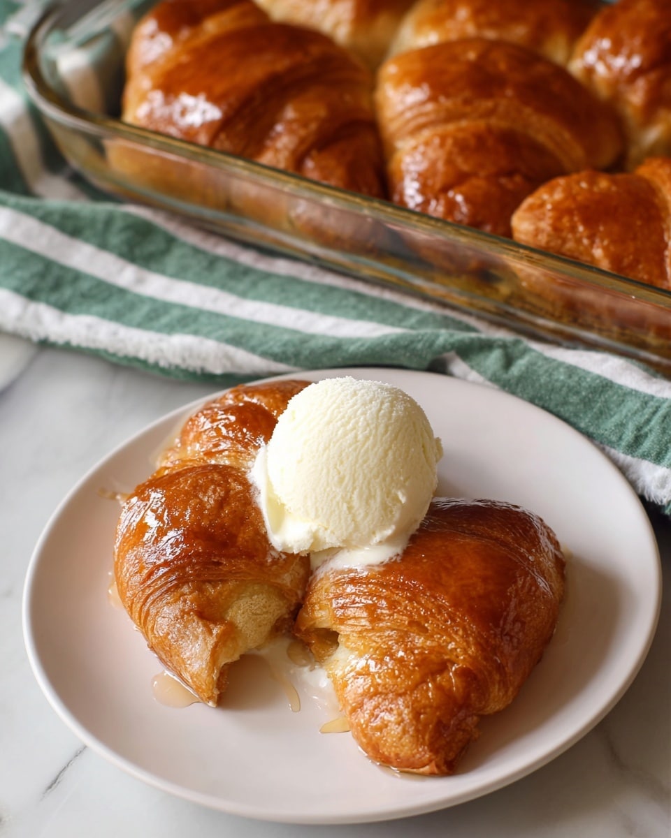 The image shows a glass rectangular baking dish filled with about fifteen golden-brown crescent rolls, arranged closely in three rows, each roll displaying a lightly crispy texture with a shiny glaze on top. The dish is set on a white marbled surface with a white and green striped cloth underneath. Next to the dish, there is a large silver spatula with a long handle, and two red apples are placed nearby on the same surface. The overall setting is warm and inviting. photo taken with an iphone --ar 4:5 --v 7