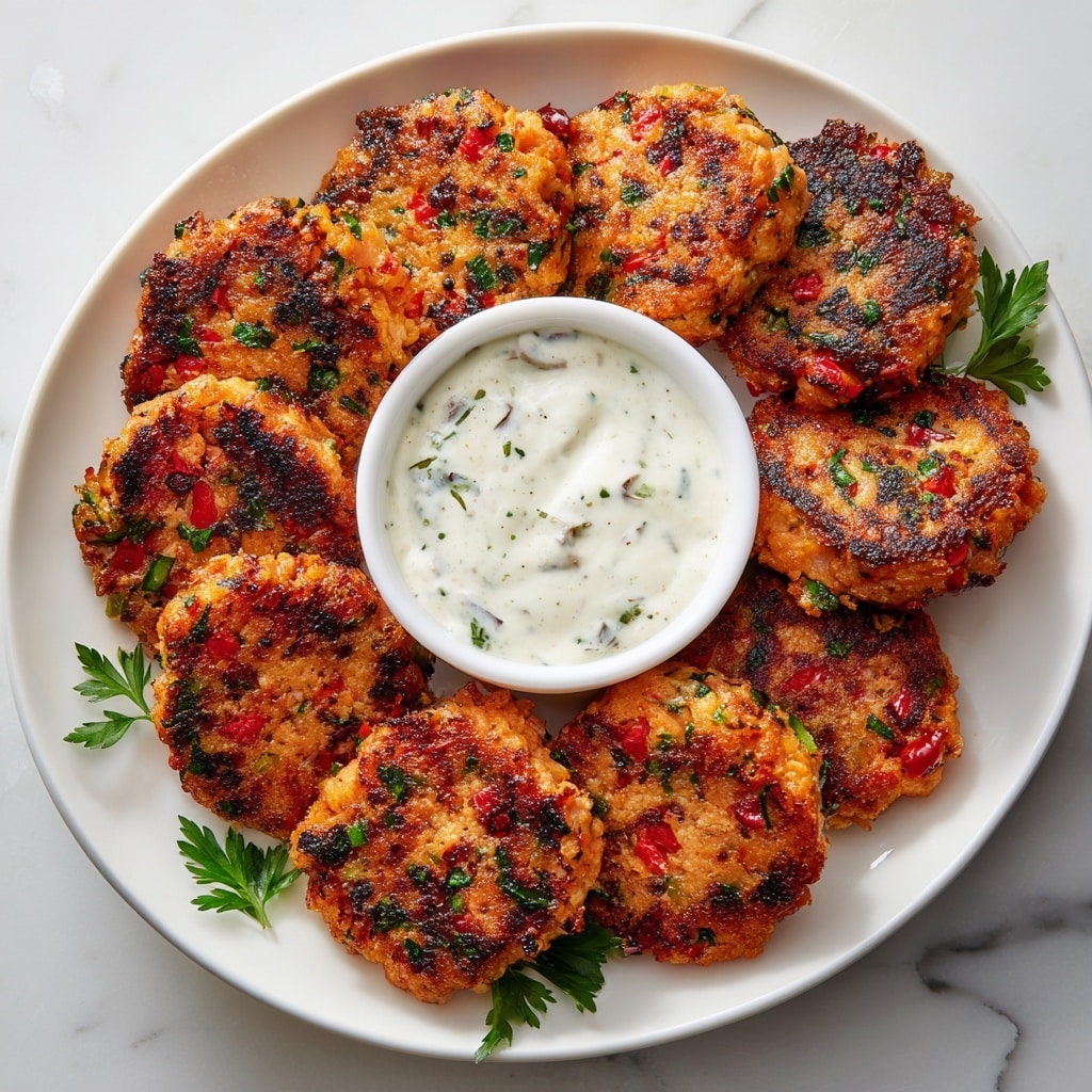 A white oval plate holds eleven round, grilled salmon patties, each showing a textured orange and pink surface with crispy brown seared spots and small pieces of red pepper and green herbs mixed throughout. The patties form a loose circle around a small white bowl filled with thick, creamy white sauce flecked with green herbs. Sprigs of bright green parsley are placed under and between the patties for garnish. The plate rests on a white marbled surface. photo taken with an iphone --ar 4:5 --v 7
