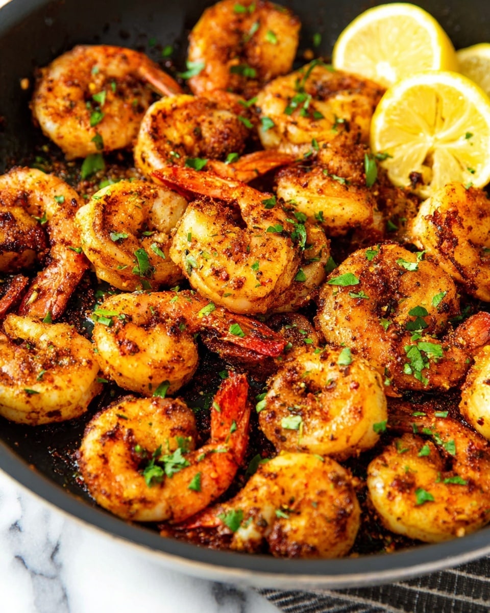 A close-up view of a pan filled with grilled shrimp, each shrimp coated with a golden-brown spice mix giving a slightly crispy texture on the surface, scattered with small pieces of green herbs, and a few bright yellow lemon wedges placed on the side. The shrimp are plump and slightly curled with some parts showing reddish-orange tails, resting against a dark pan that contrasts with the white marbled surface below. The scene is warm and rich in color, showing a freshly cooked, flavorful dish. Photo taken with an iphone --ar 4:5 --v 7