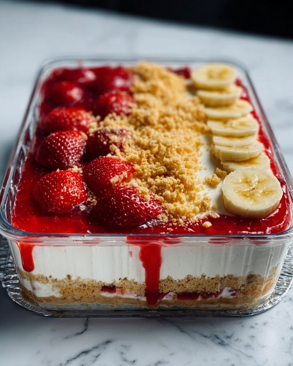 The image shows a clear glass tray of a layered dessert with four visible layers. The bottom layer is a crunchy light brown crumb base. Above it is a thick white creamy layer, smooth and even. On top of that is a bright red strawberry sauce that looks slightly runny and glossy, flowing down the sides. The top layer is divided into three sections: fresh whole strawberries on the left, crushed golden crumbs in the middle, and round slices of yellow banana neatly arranged on the right. The tray is set on a white marbled surface. Photo taken with an iphone --ar 4:5 --v 7