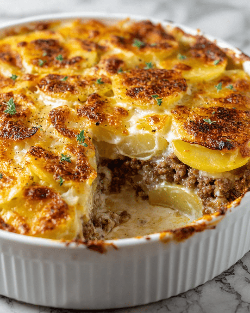 This dish is a layered casserole in a white, round baking dish with ridged sides, placed on a white marbled surface. It has three visible layers: the bottom layer consists of soft slices of light yellow potatoes, the middle layer is made of cooked ground brown meat, and the top layer has creamy white sauce mixed with slices of potatoes. The very top is golden brown and crispy with melted cheese, browned in spots, and sprinkled with small green herb leaves. One portion has been cut out, showing the layers clearly and revealing the creamy sauce at the base. Photo taken with an iphone --ar 4:5 --v 7