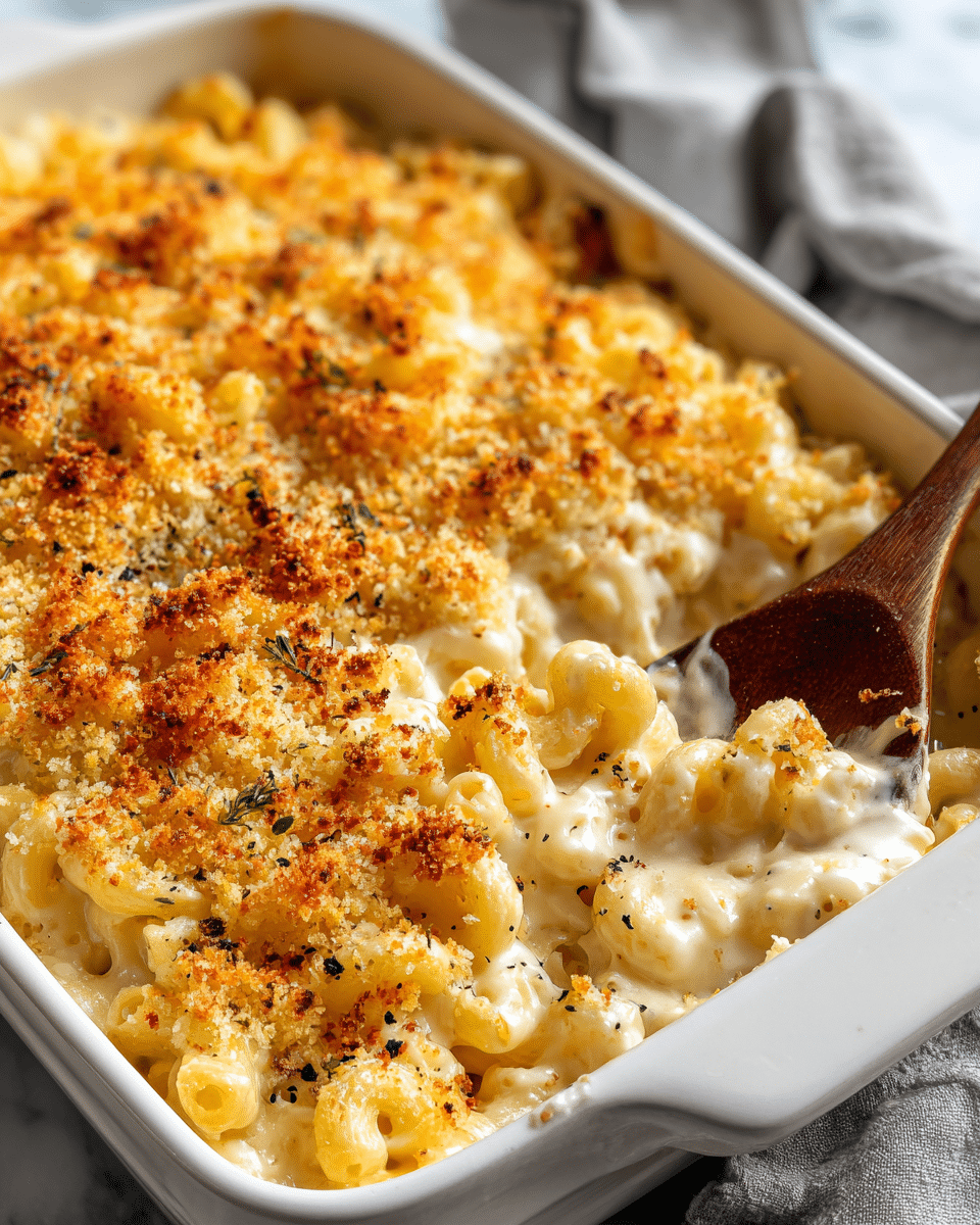 A close-up view of a white rectangular baking dish filled with three layers of macaroni and cheese. The bottom layer is tender elbow macaroni covered in a creamy white cheese sauce with a smooth texture. The middle layer shows more pasta slowly mixed with the cheese sauce, with a few pieces visible. The top layer is golden brown, crunchy baked breadcrumbs sprinkled evenly, browned and crispy, adding rough texture. Black pepper flakes are scattered across the top for a slight contrast, and a wooden spoon with a brown handle is scooping some of the dish from the back right corner. The dish is placed on a white marbled textured surface with a blurred grey cloth in the background. Photo taken with an iphone --ar 4:5 --v 7