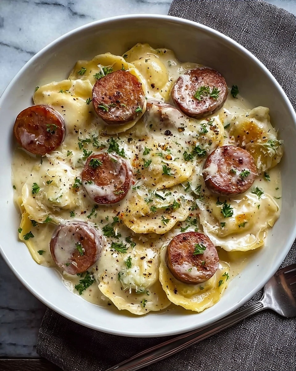 The dish is served in a white bowl filled with several layers of round, yellow, soft ravioli pasta covered in a creamy white sauce. On top, there are thick slices of browned sausage with a slightly crispy texture. Small pieces of chopped green parsley and a sprinkle of black pepper are scattered over the dish, adding green and black specks. The sauce looks rich and thick, covering the ravioli and partially surrounding the sausage slices. The bowl sits on a white marbled surface with a silver fork and a gray cloth napkin to the side. photo taken with an iphone --ar 4:5 --v 7