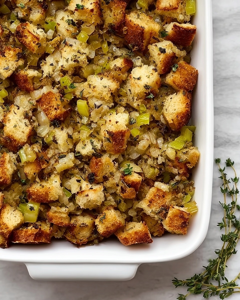 A close-up view of a white ceramic baking dish filled with a single layer of stuffing. The stuffing consists of golden-brown bread chunks mixed with small pieces of cooked celery and translucent onion bits. The texture looks crumbly but moist, with some toasted edges and garnished lightly with green parsley. The dish is placed on a white marbled surface with a glimpse of a blue and white cloth on the side. Photo taken with an iphone --ar 4:5 --v 7