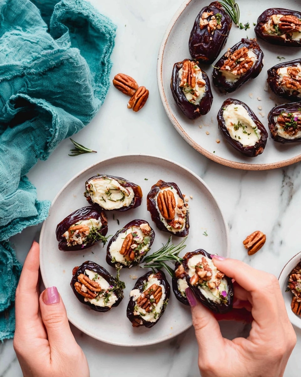 Two white plates on a white marbled surface hold several halved dark brown dates filled with a creamy white mixture. Each filled date is topped with different garnishes: some have whole pecans, some have chopped nuts, and a few have sprigs of green rosemary. A woman's hand is holding one date from the lower plate, and another woman's hand is picking up a date from the upper plate next to a crumpled teal cloth. Photo taken with an iphone --ar 4:5 --v 7