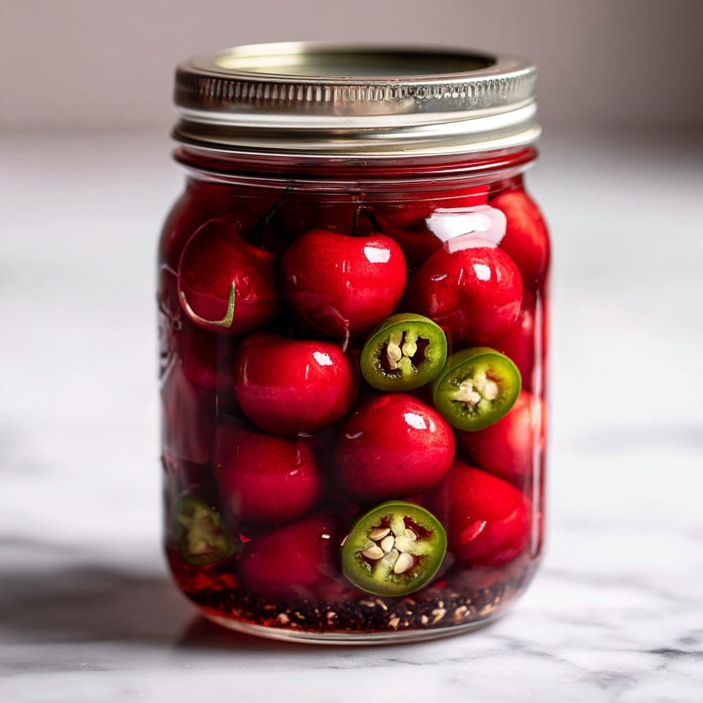 A glass jar with a silver metal lid is filled with a mix of bright red cherries and sliced green jalapeños layered inside a shiny red liquid. The cherries are plump and glossy, sitting tightly packed in the jar with the green jalapeños scattered evenly among them. At the bottom, there is a dark, textured layer that appears to be spices or seeds settled under the fruit. The jar is placed on a white marbled surface with a softly out-of-focus background. photo taken with an iphone --ar 4:5 --v 7