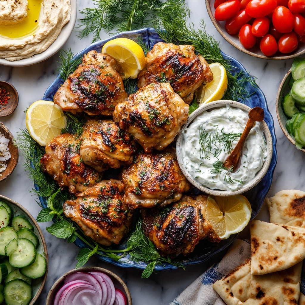 The image shows a blue oval plate with five grilled chicken thighs stacked in two layers, each piece golden brown with dark grill marks and small green herb sprinkles. There are three lemon wedges placed around the chicken on the plate. In the bottom middle of the plate, a small white bowl holds a creamy white yogurt sauce topped with fresh dill, and a small wooden spoon rests inside it. Surrounding the plate on a white marbled surface are bright red grape tomatoes, fresh green mint leaves, a white bowl with sliced cucumbers, a white bowl with hummus drizzled with olive oil, white slices of lemon, peeled garlic cloves, thin slices of red onion in a white bowl, and a piece of pita bread. photo taken with an iphone --ar 4:5 --v 7